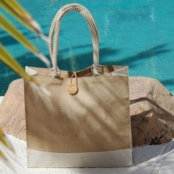 Bijorca Handbags - Woven Chic Beige Beach Canvas Tote Bag Rope Handle Shopping Purse Tote NWT